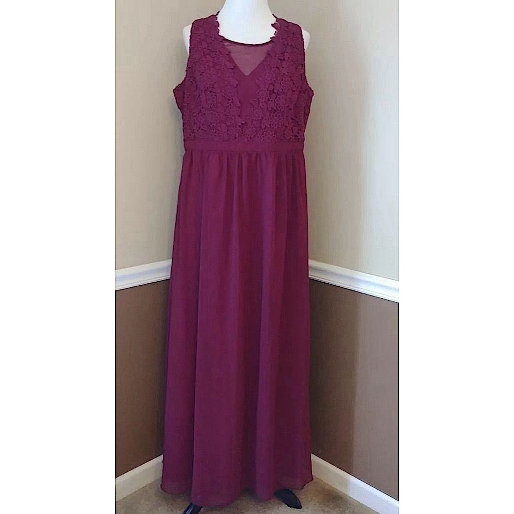 Burgundy Chiffon Crochet Lace Formal Maxi Dress by Chi Chi London from Modcloth